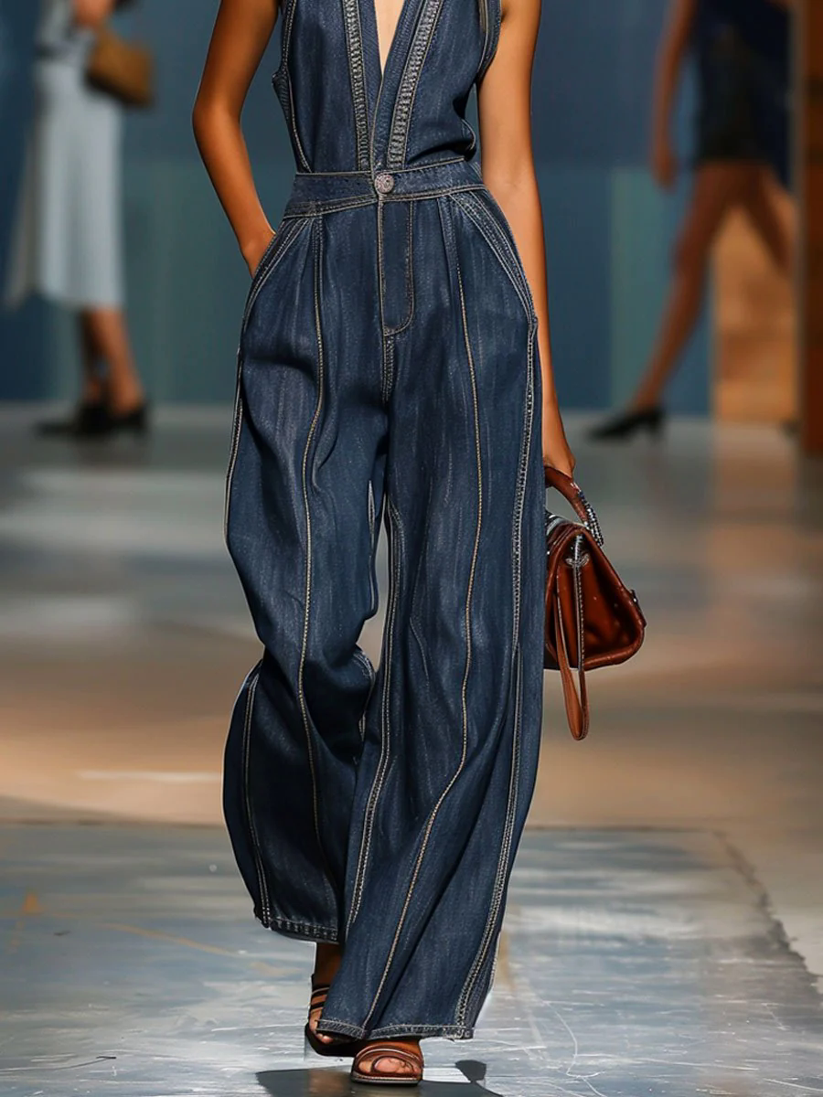 V-Neck Casual Retro Sleeveless Wide-Leg Denim Jumpsuit