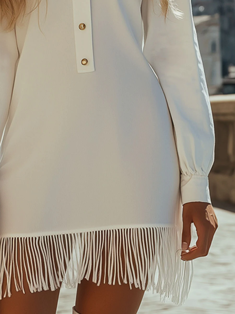 Casual Retro White Chiffon Long Sleeve Shirt Tassel Mini Dress