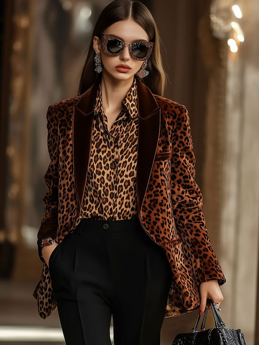 Casual Loose Retro Velvet Leopard Print Lapel Blazer