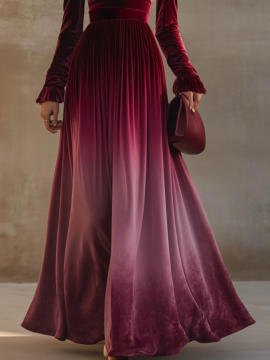 Elegant Straight Collar Trumpet Sleeves Burgundy Gradient Velvet Maxi Dress