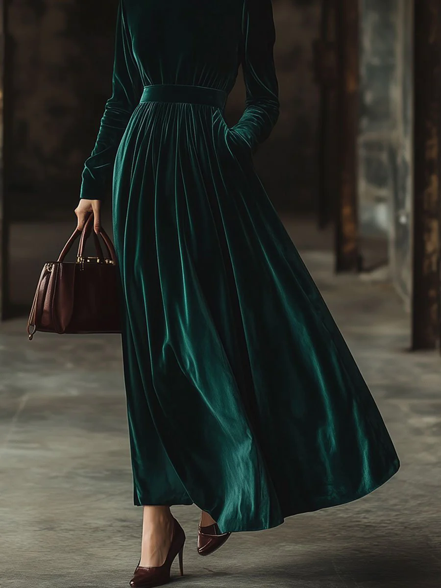 Stand Collar Loose Party Pocket Solid Velvet Long Sleeve Maxi Dress