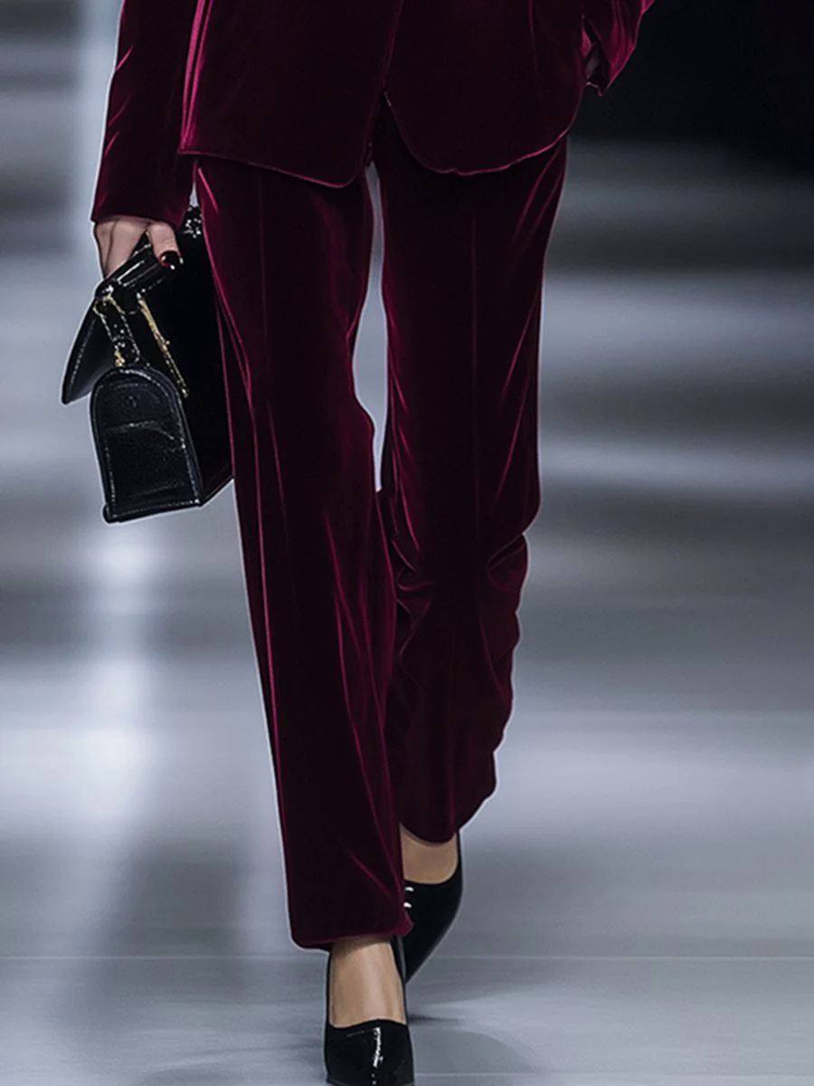 High-End Temperament Loose Retro Burgundy Velvet Suit