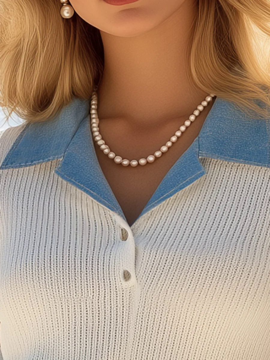 Retro Elegant Blue Lapel White Short Sleeve Knit Top