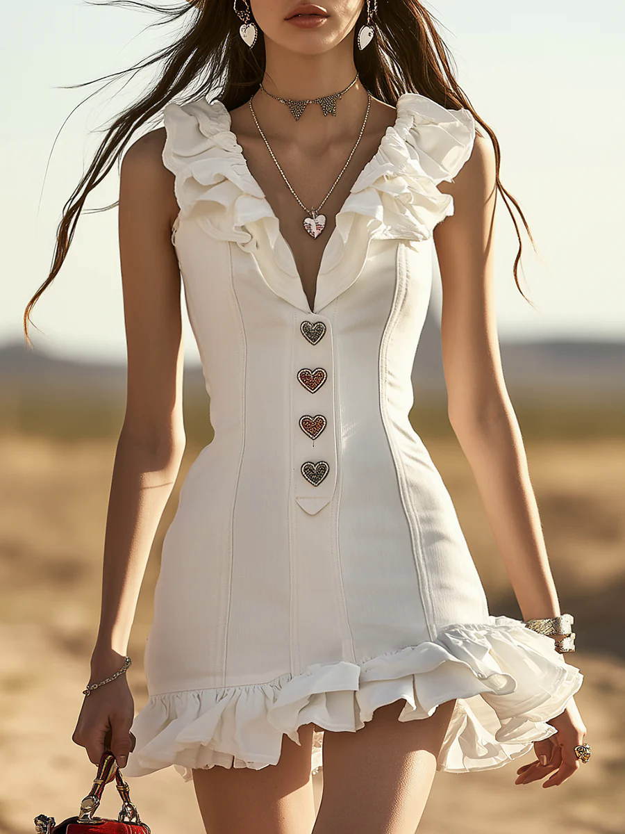 Fashionable And Casual Love Heart Button Decoration White V-neck Ruffle Mini Dress