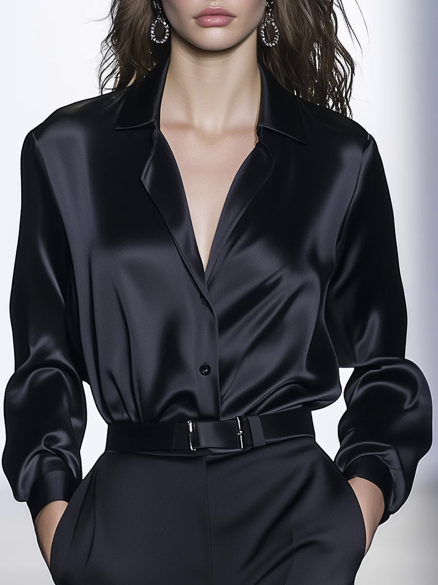 High-end Fashion Black Satin Long-sleeved Shirt