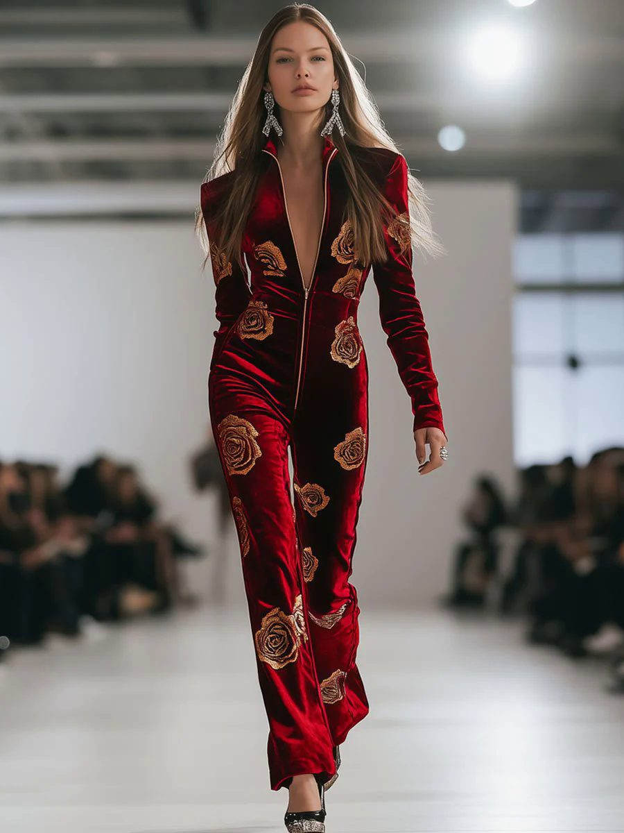 Casual Loose Retro Red Velvet Gold Rose Printed Zipper Long Sleeve Jumpsuit
