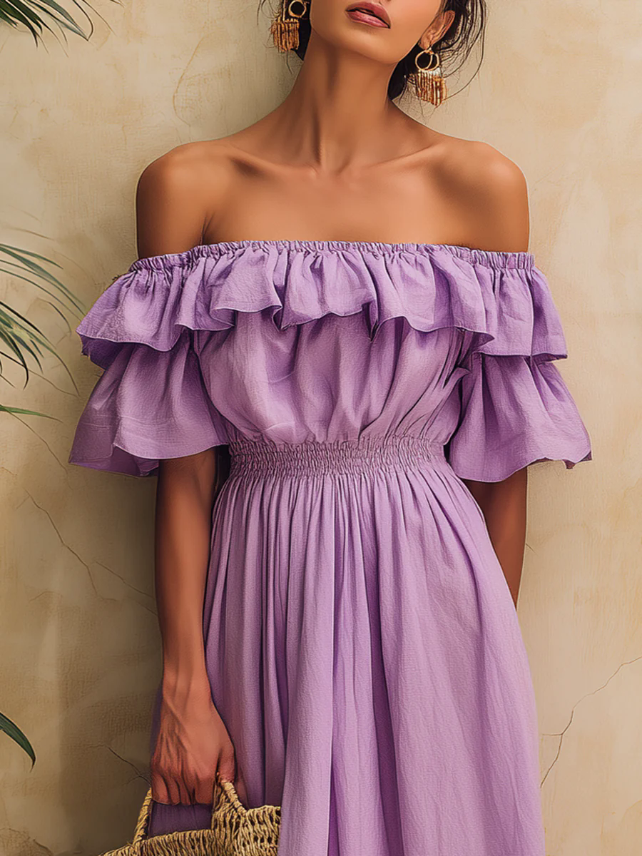 Simple Holiday Style One-shoulder Ruffled Cotton And Linen Maxi Dress