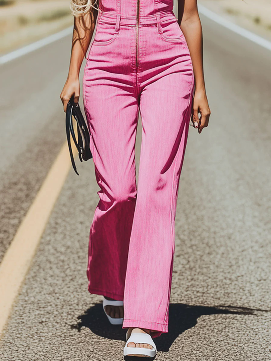 Western Retro Pink Denim Multi-Pocket Sleeveless Jumpsuit