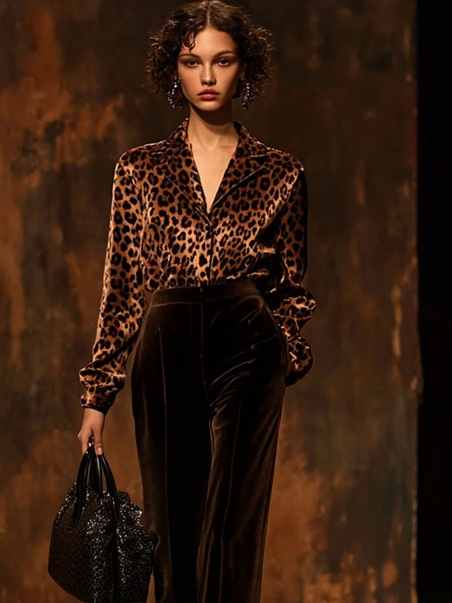 Casual Loose Vintage Velvet Leopard Print Long Sleeve Blouse