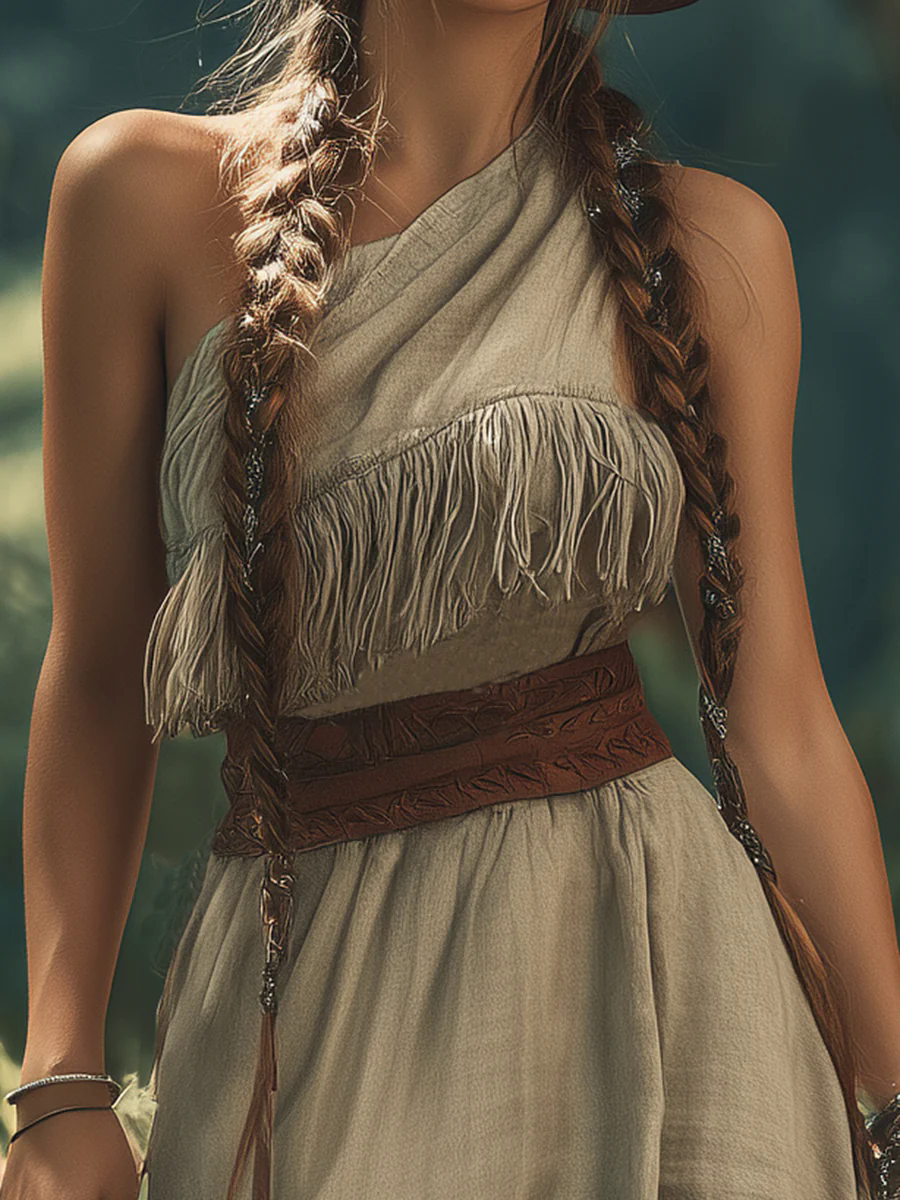 Fashionable Western Style One Shoulder Tassel Splicing Khaki Cotton And Linen Mini Dress