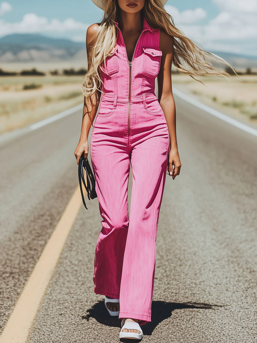 Western Retro Pink Denim Multi-Pocket Sleeveless Jumpsuit