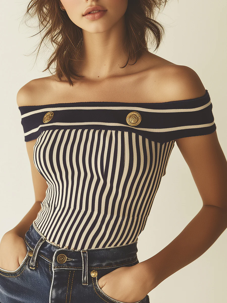 Sailing Vacation One Shoulder Vertical Striped Navy Knit Sleeveless Top
