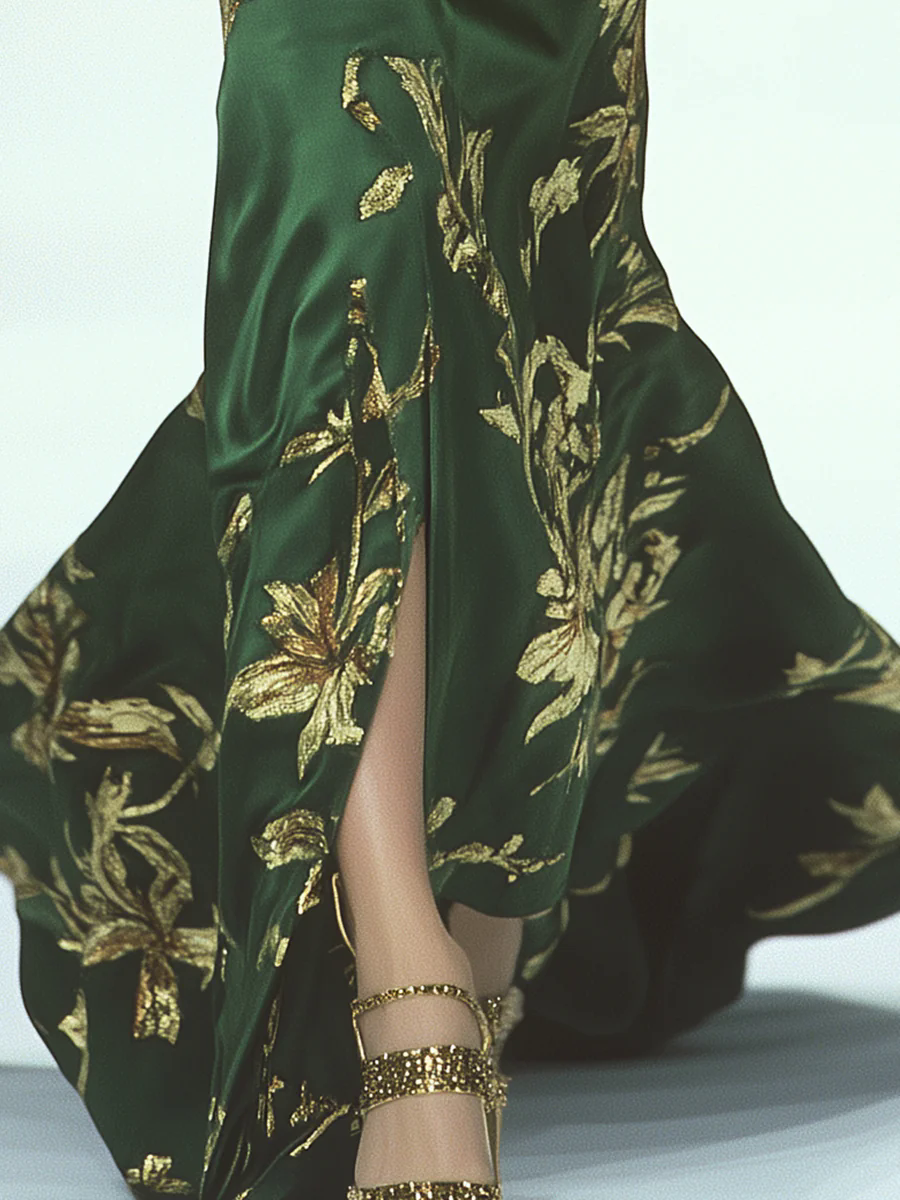 Women's Emerald Sleeveless Round Neck Hot Stamped Gold Leaf Floor-Mounting Dress