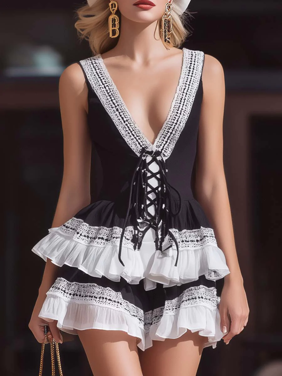 Elegant Retro Contrast Color V-Neck Lace Double Cake Mini Dress