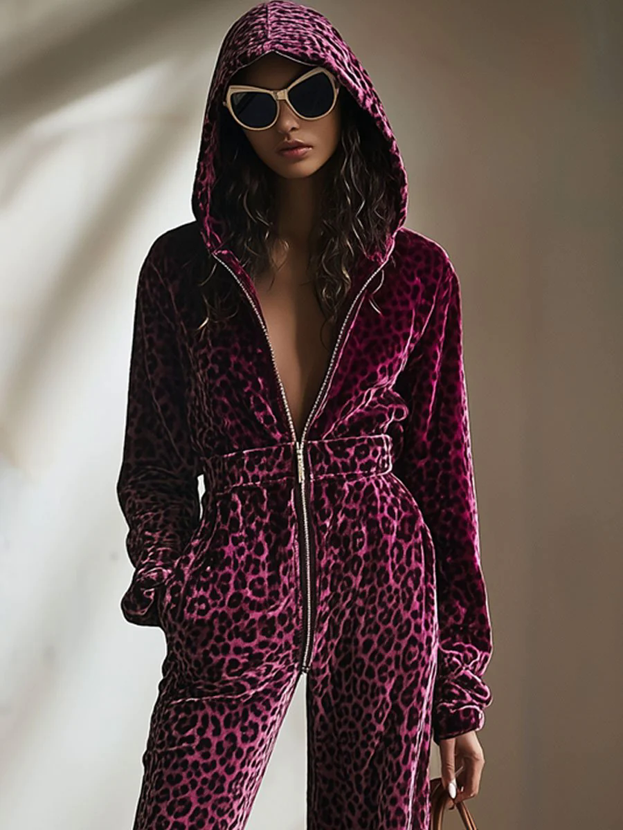 Casual Retro Purple Velvet Leopard Print Elastic Waist Zipper Hooded Jumpsuit
