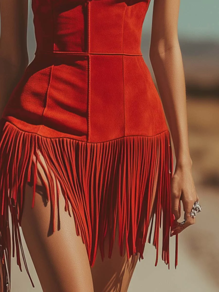 Elegant And Fashionable Western V-Neck Red Suede Tassel Mini Dress