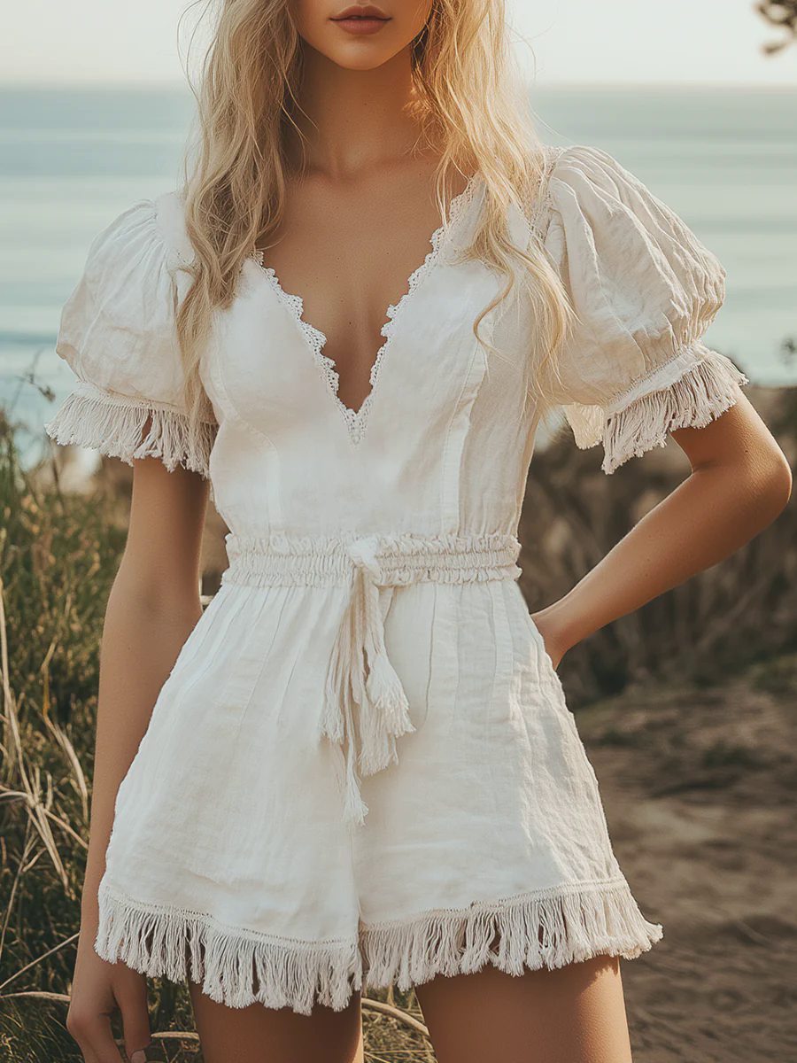 Comfortable Breathable Lace V-neck Cotton And Linen Tassel Jumpsuit Shorts