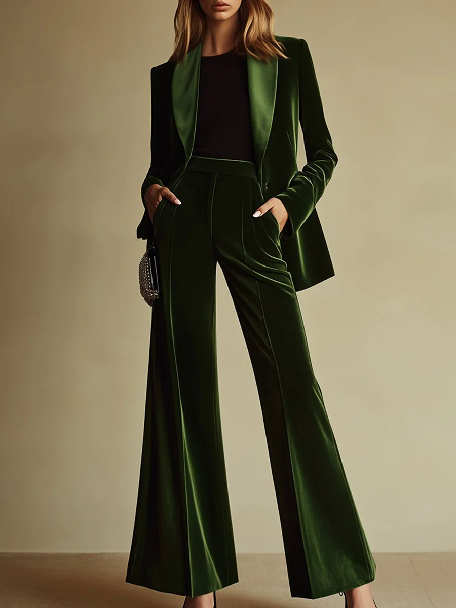 High-End Temperament Loose Retro Green Velvet Suit
