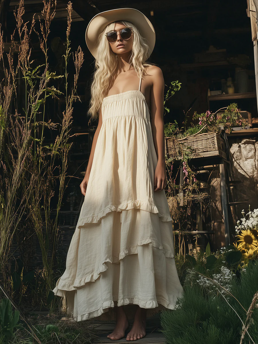 Elegant Loose Ruffled Hem Beige Sleeveless Cotton And Linen Maxi Dress