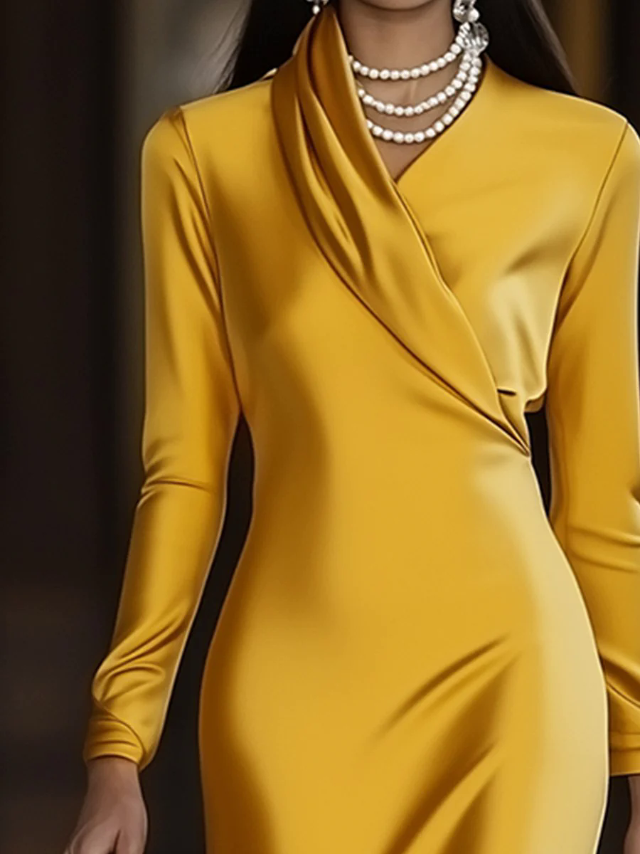 Fashion Vintage Gold Satin Long Sleeve Midi Dress
