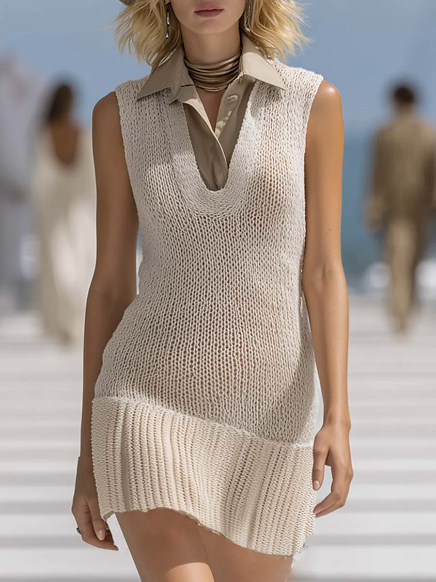 Fashionable And Elegant Shirt Collar White Mesh Knitted Summer Mini Dress
