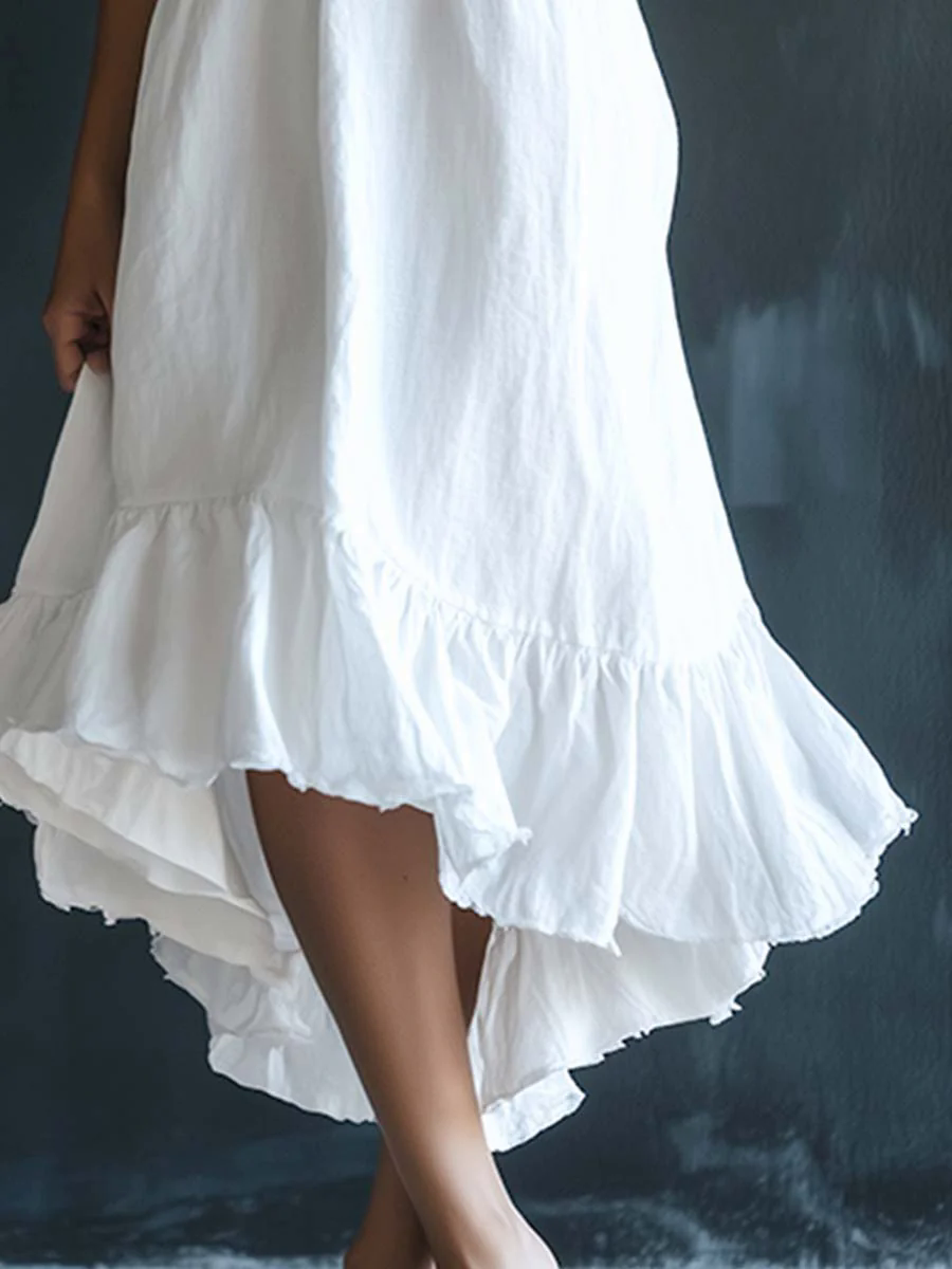 Casual Elegant White Spaghetti Strap Cotton Linen Summer Maxi Dress