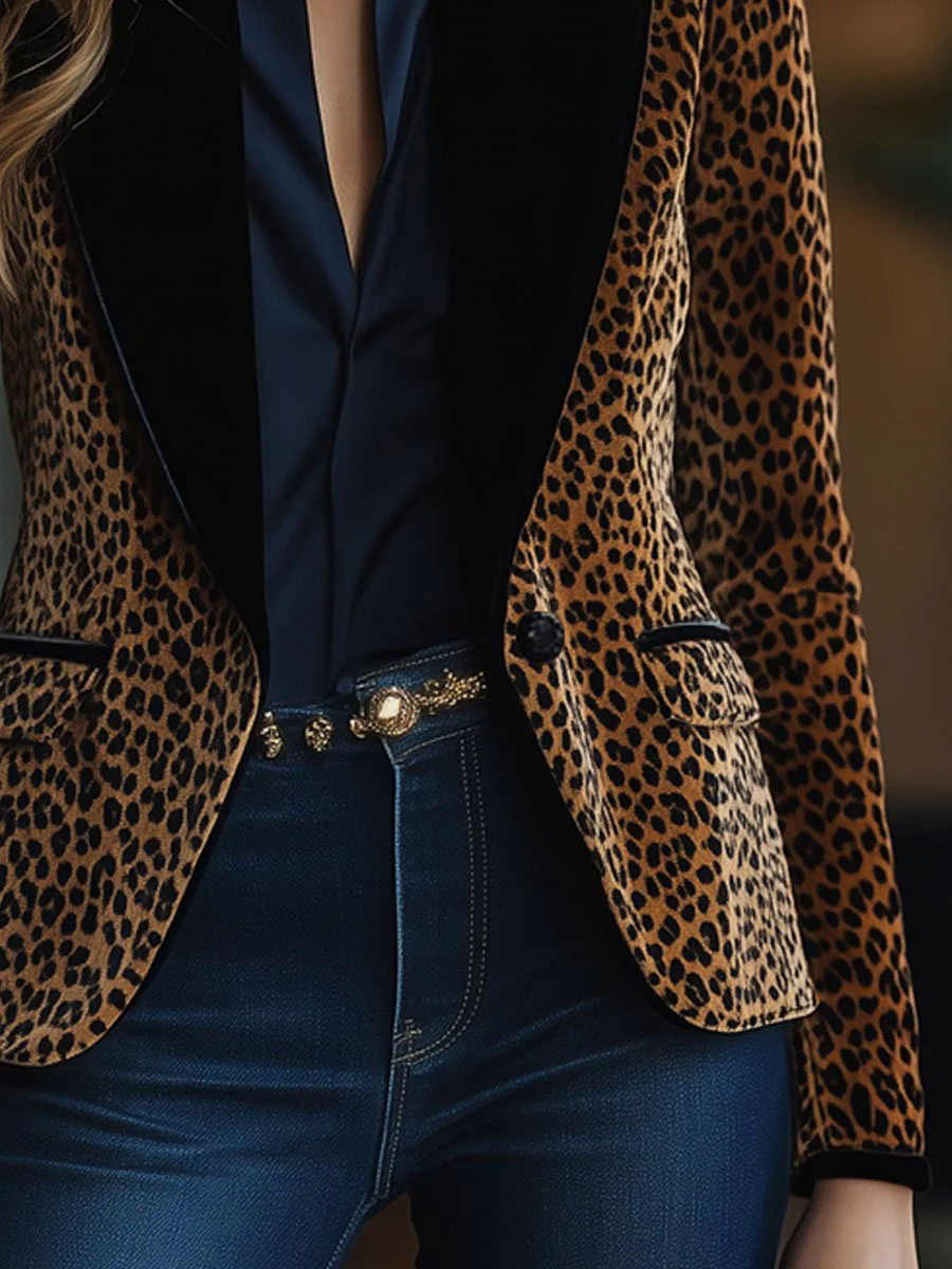 Casual Retro Leopard Print Colorblock Lapel Pocket Blazer