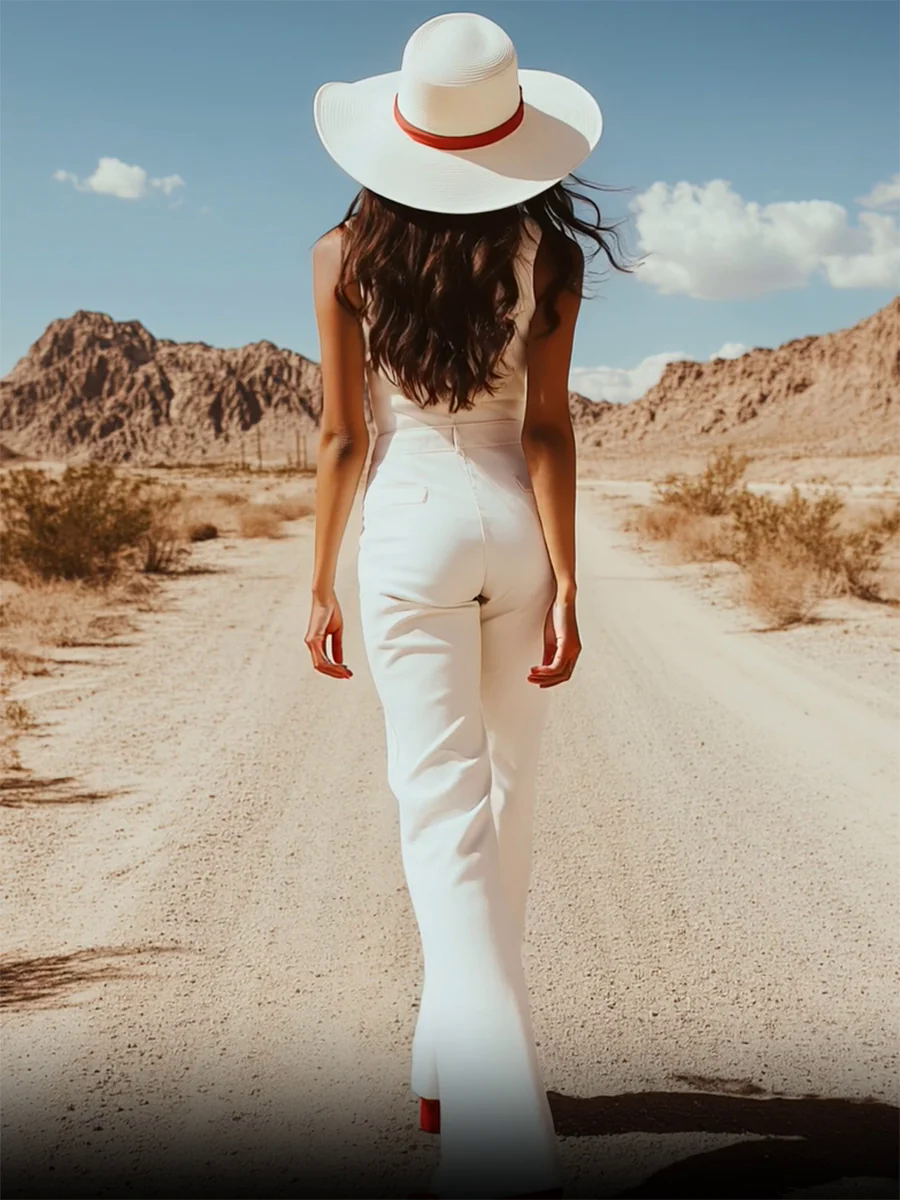 Retro And Fashionable Star Embroidery Sleeveless Stand Collar Flared White Jumpsuit