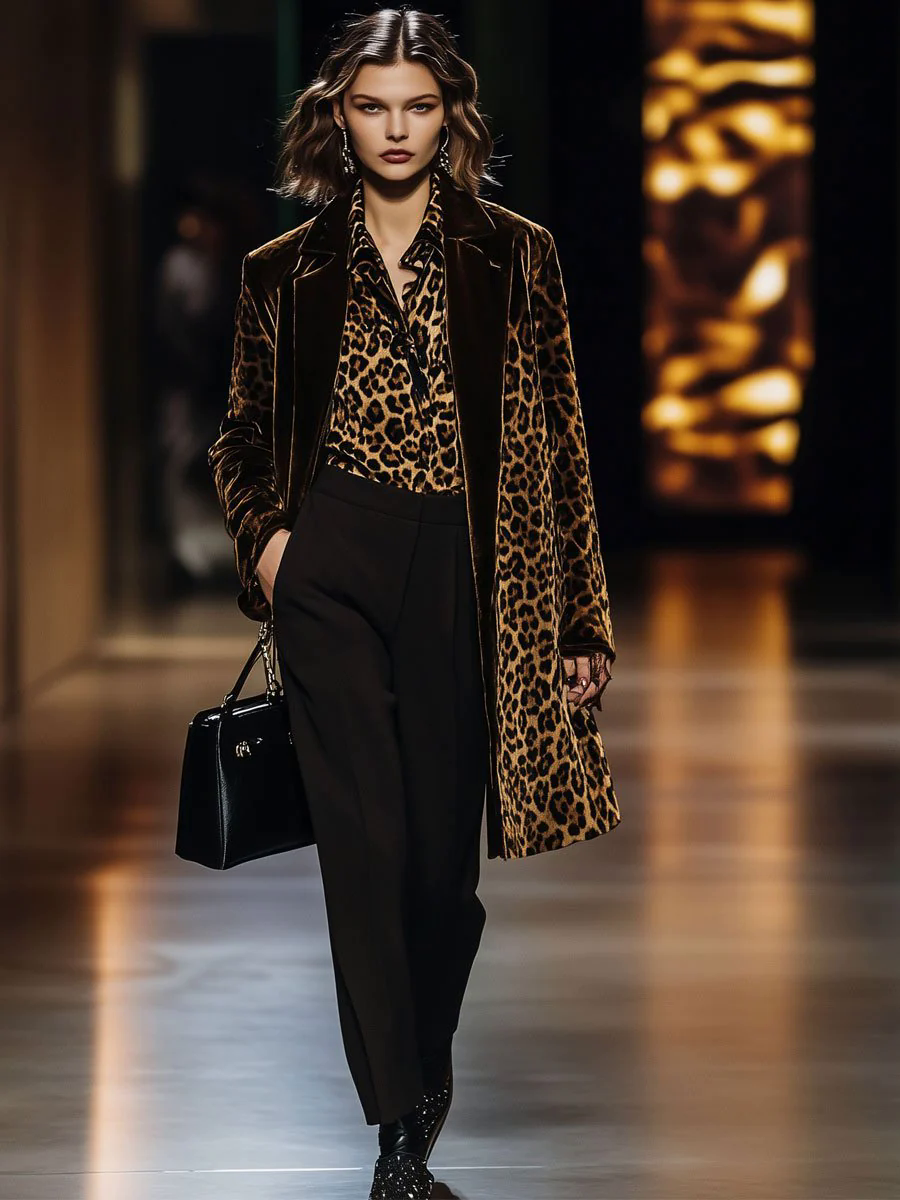 Casual Loose Vintage Velvet Leopard Print Colorblock Lapel Coat