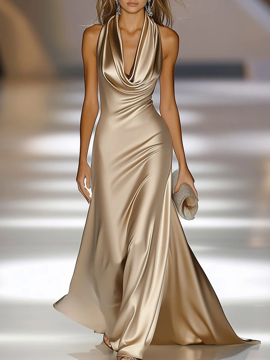 Elegant and Luxurious Cowl-neck Champagne Gold Satin Maxi Dress