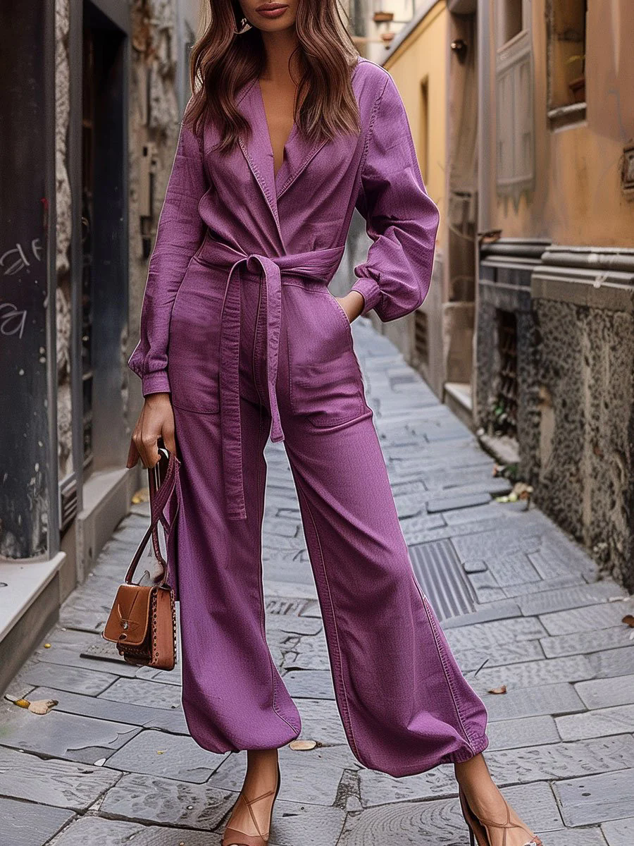 Casual Loose Belted Pocket Purple Denim Long Sleeve Jumpsuit