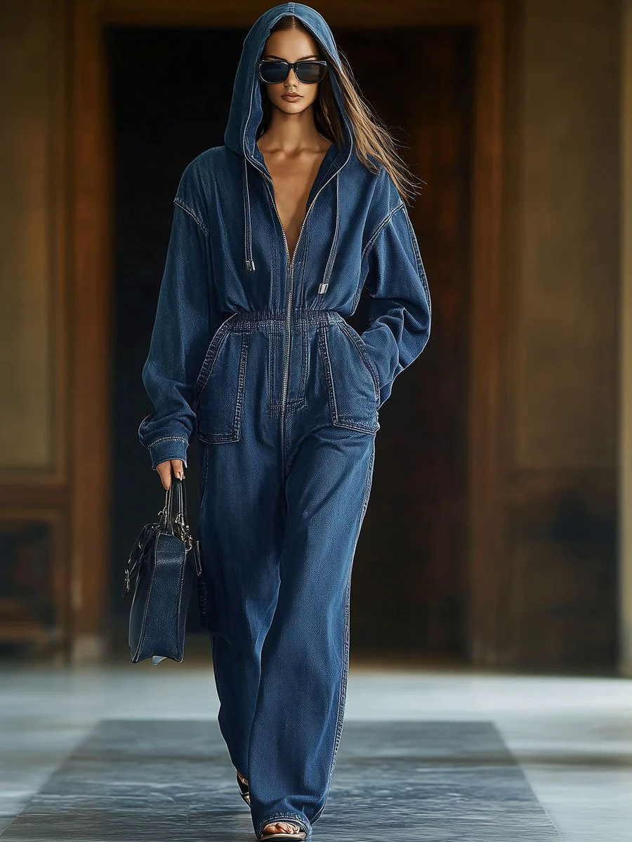 Casual Loose Retro Elastic Waist Zipper Long Sleeve Hooded Denim Jumpsuit