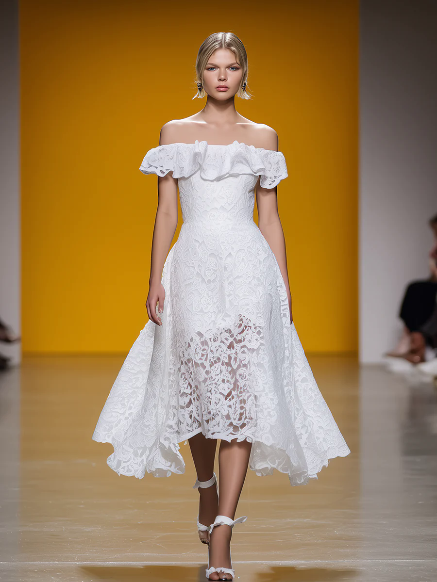 Elegant Solid Color Off-shoulder Ruffled Waist A-line Midi Dress