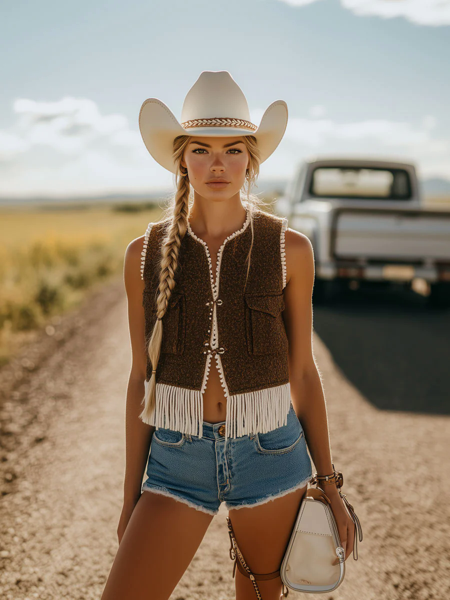 Vintage Casual Brown Floral Lace Pocket Tassel Vest