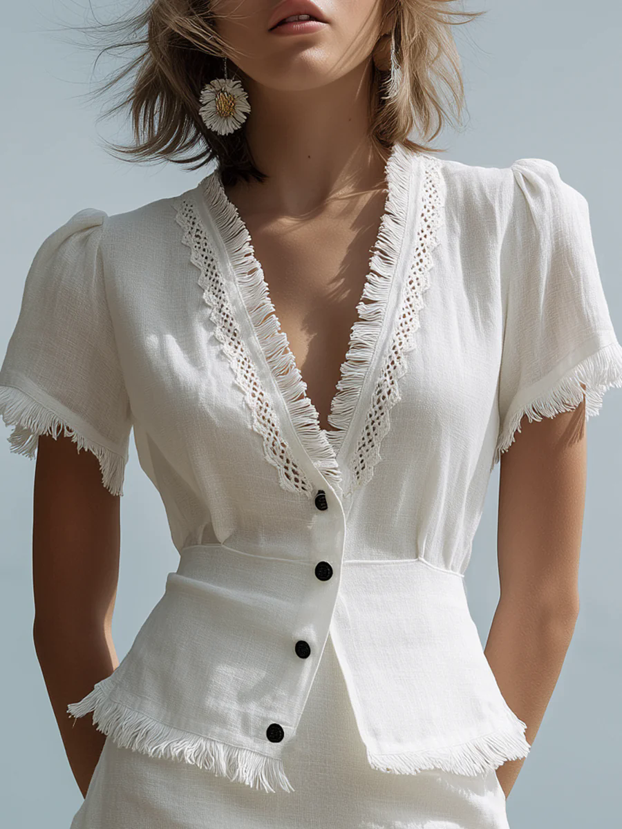 Refreshing And Breathable V-neck Short-sleeved Shirt And Tassel Skirt Two-piece Suit