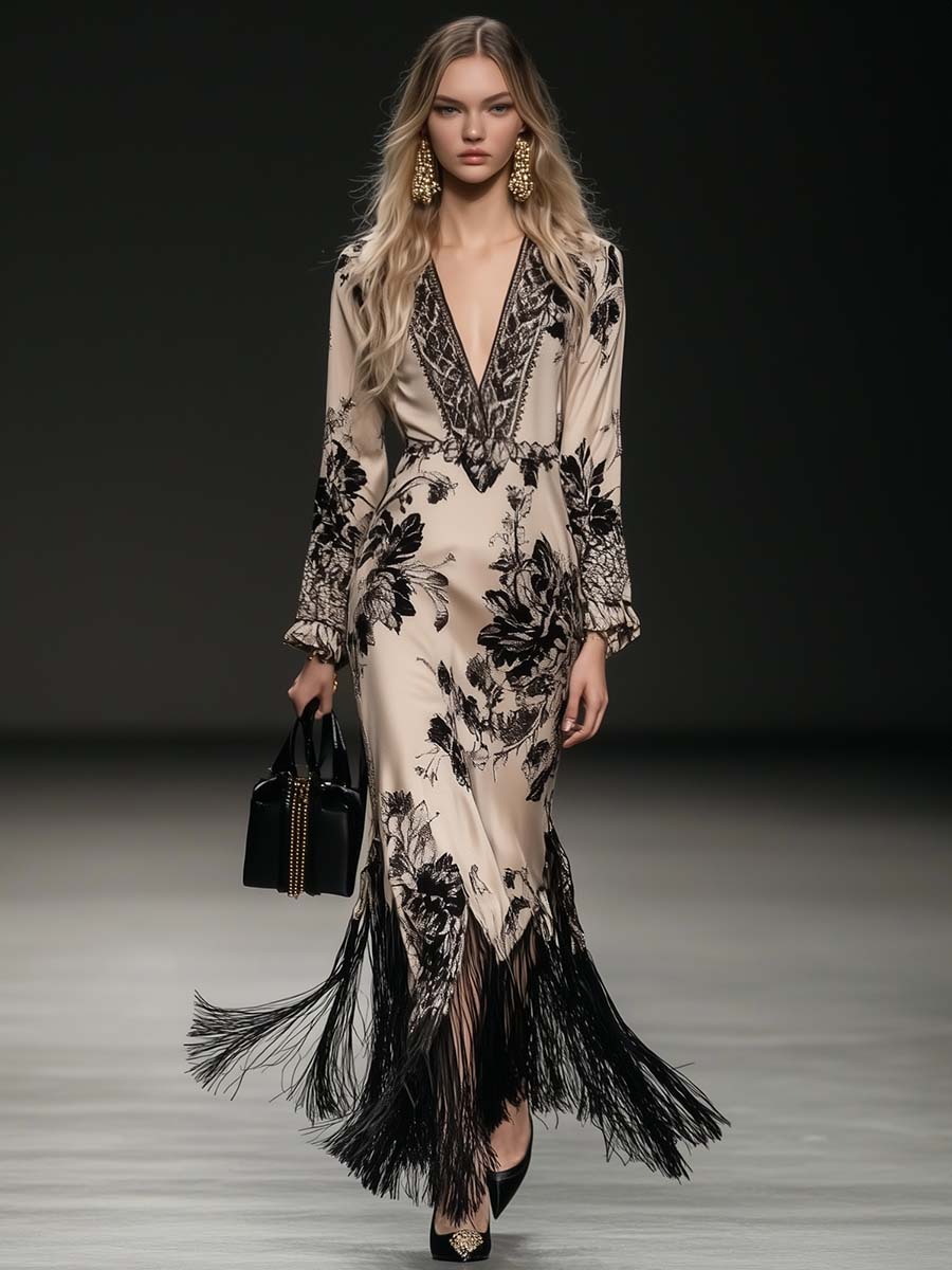 Elegant Bohemian Style V-neck Tassel Floral Print Beige Satin Maxi Dress