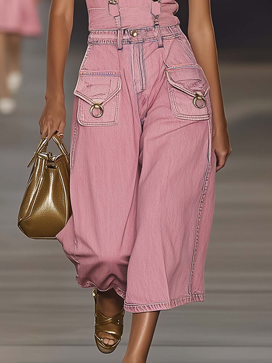 Fashion Personality Loose Pink Suspender Denim Jumpsuit Overalls