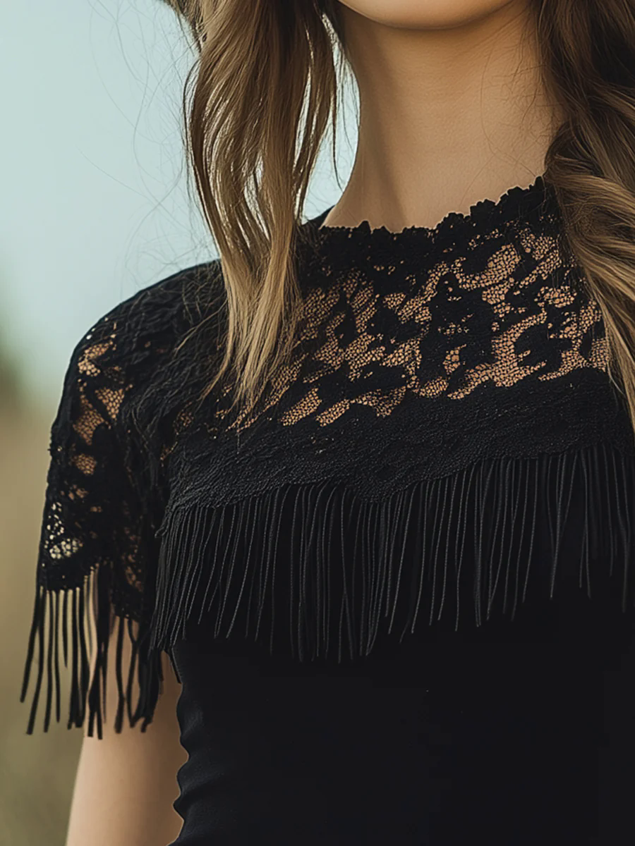 Elegant And Romantic Black Lace Tassel Short-sleeved T-shirt