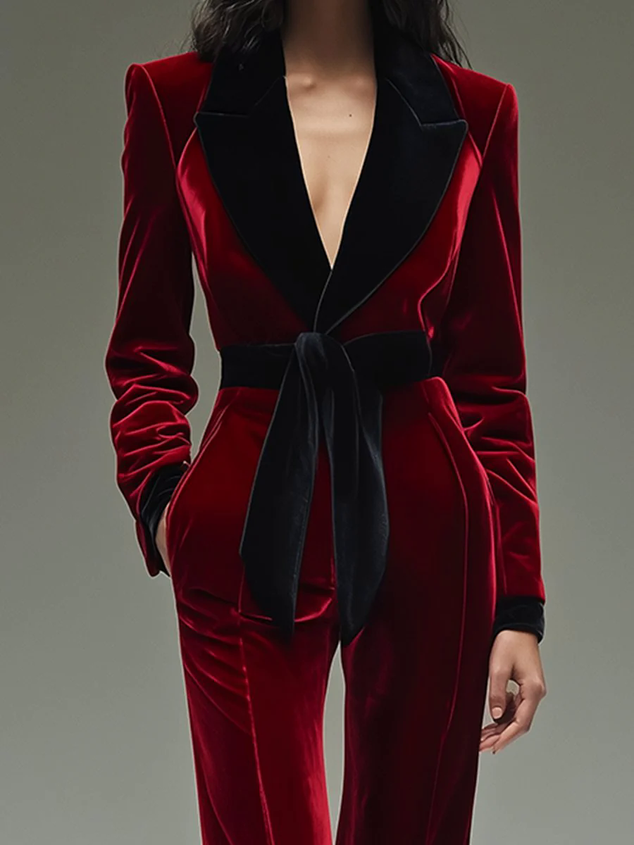 Retro Fashion Lapel Belt Different Color Velvet Stitching Jumpsuit