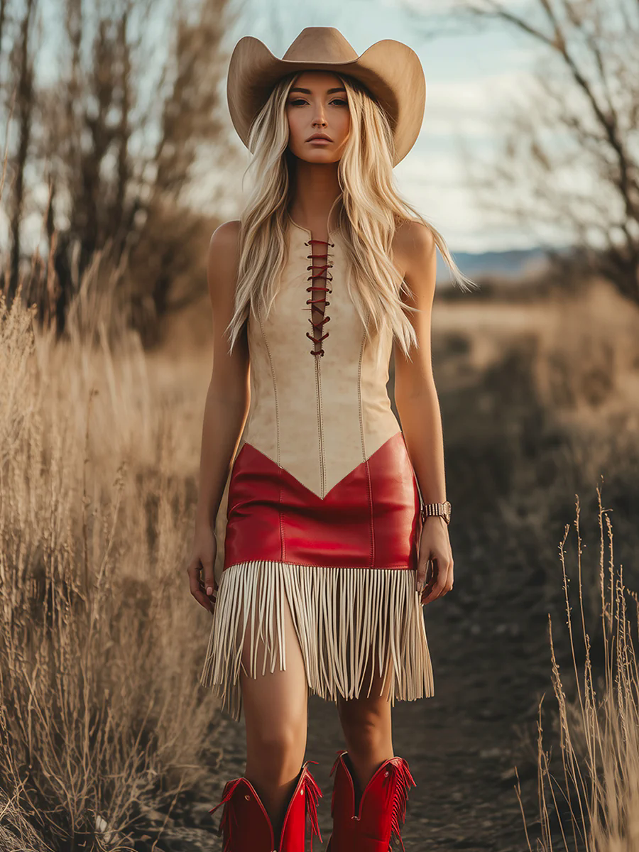 Elegant Retro Western Contrast Fringe Sleeveless Mini Dress