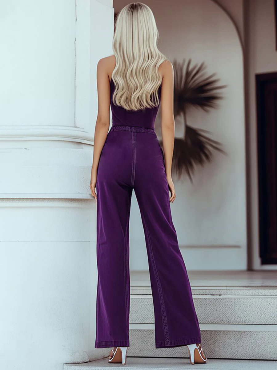 Mysterious Vintage Purple Denim Sleeveless Wide Leg Jumpsuit