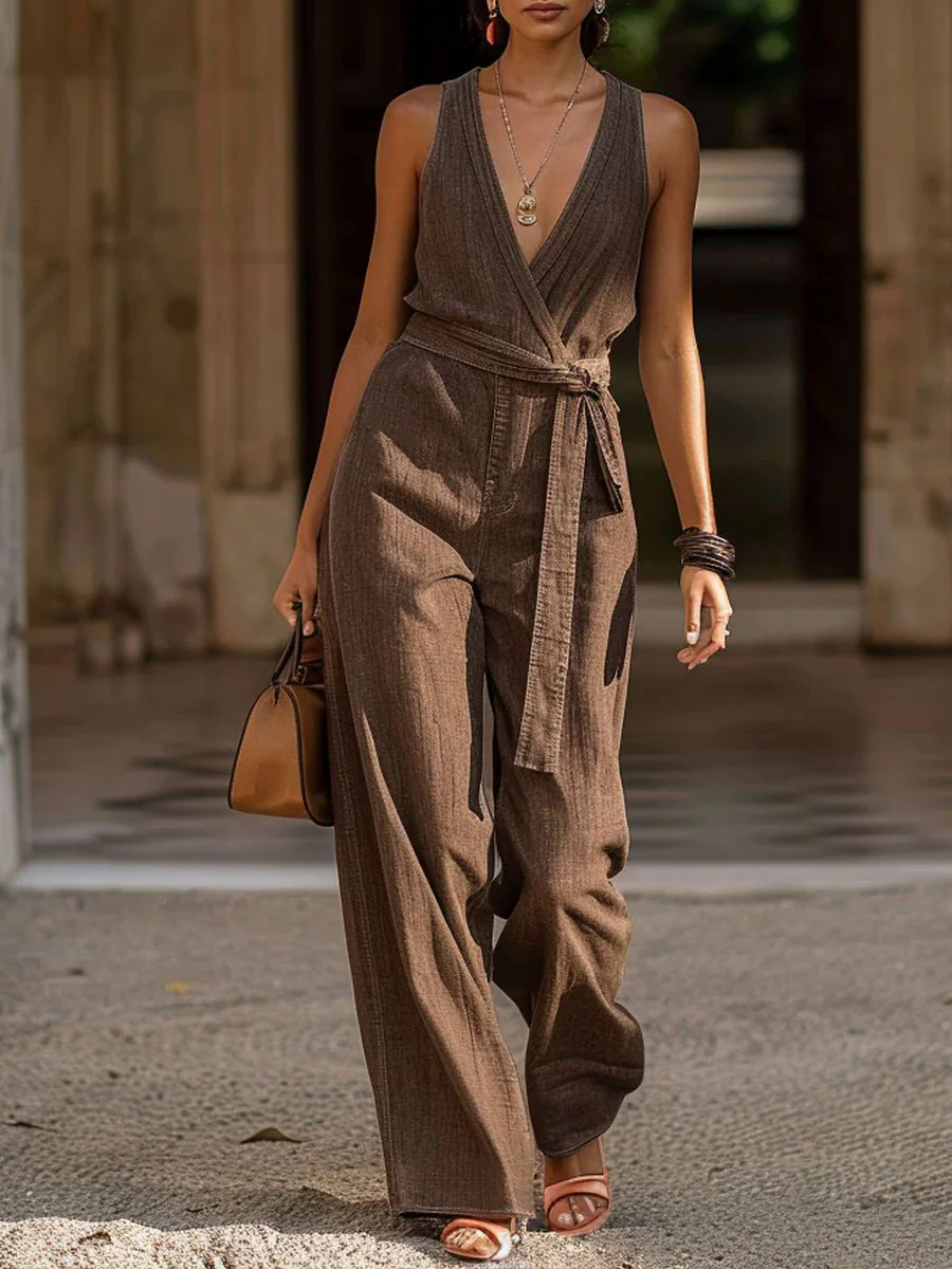 Retro Casual Loose Pocket Tie Sleeveless Denim Jumpsuit