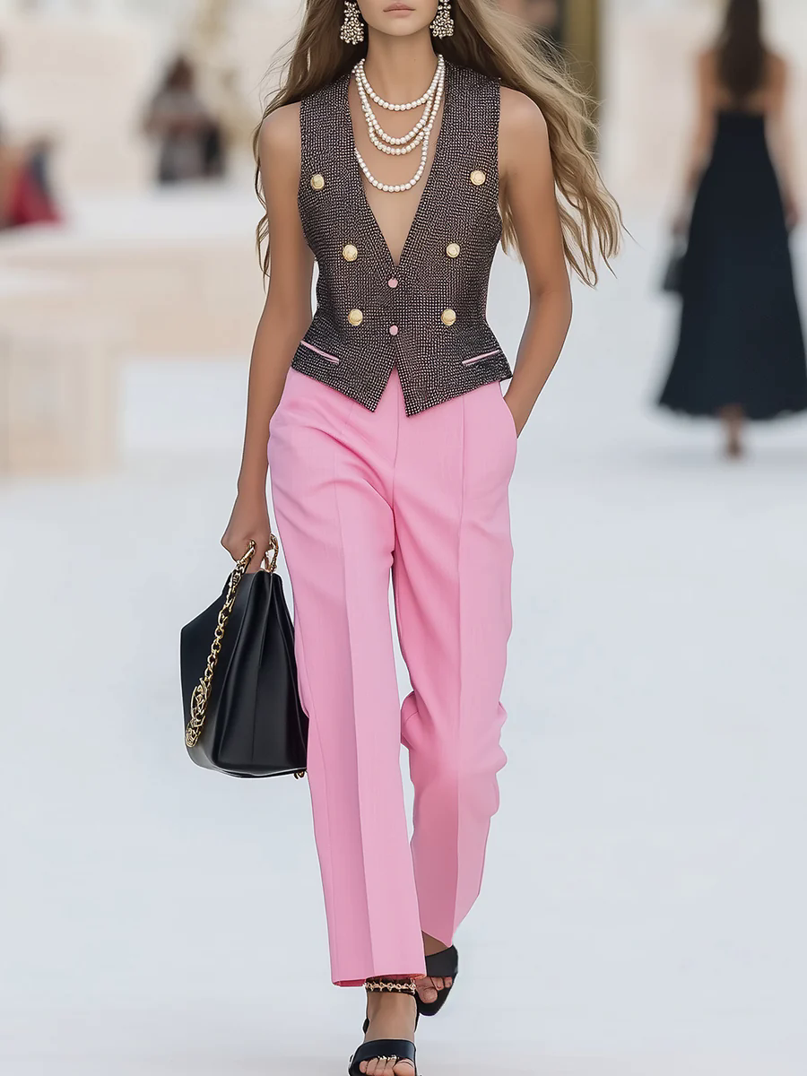 Elegant Grey Vest And Pink Wide-leg Pants Two-piece Set