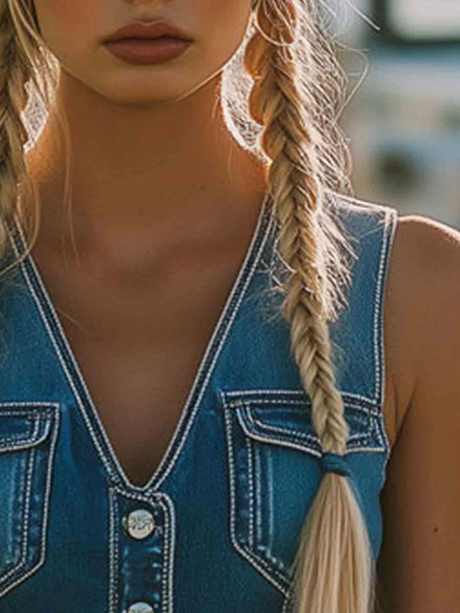 Western Fashion Vintage Dark Blue Denim Pocket Vest