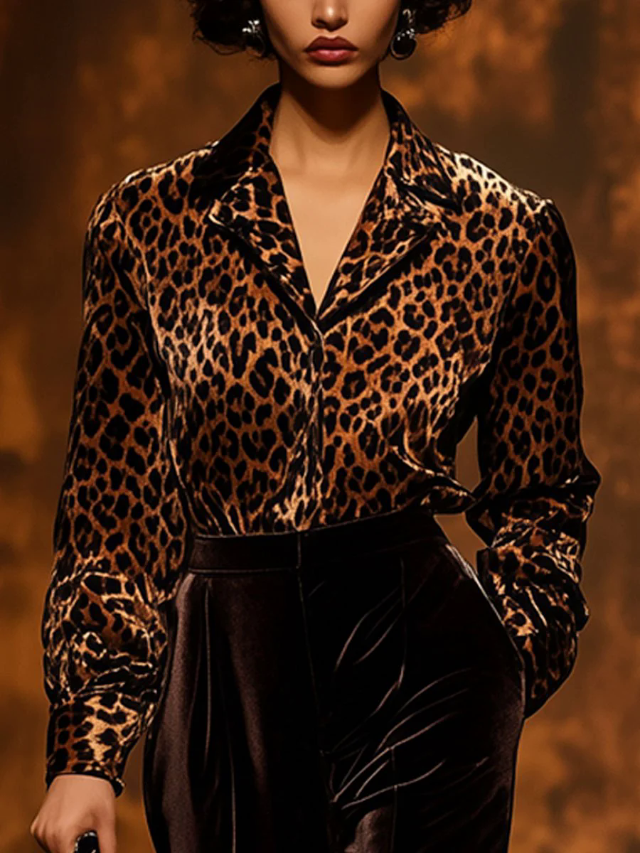 Casual Loose Vintage Velvet Leopard Print Long Sleeve Blouse