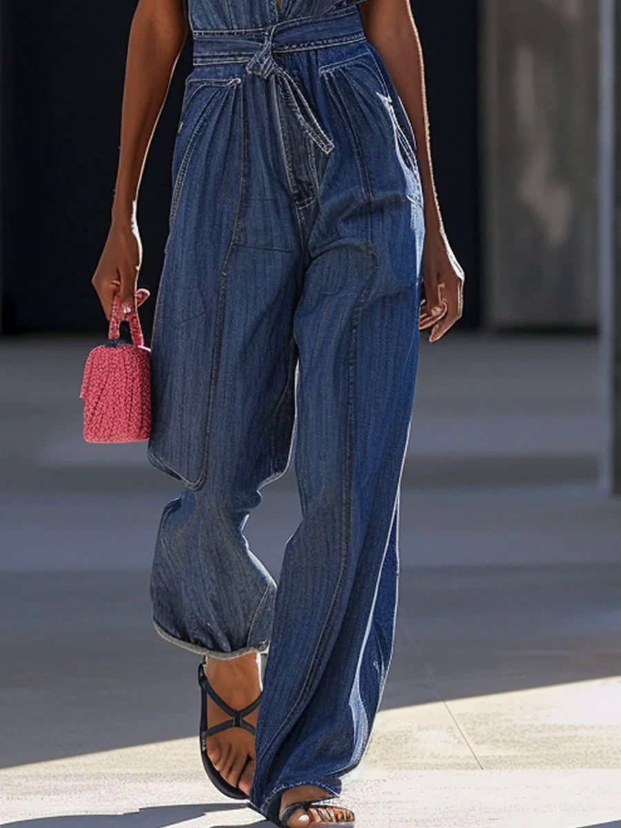 V-Neck Loose Casual Retro Pocket Lace-Up Denim Jumpsuit