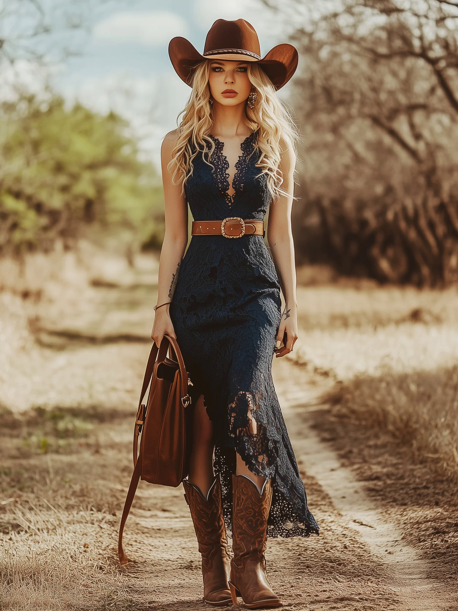 Vintage Bohemian Blue Lace Sleeveless Midi Dress