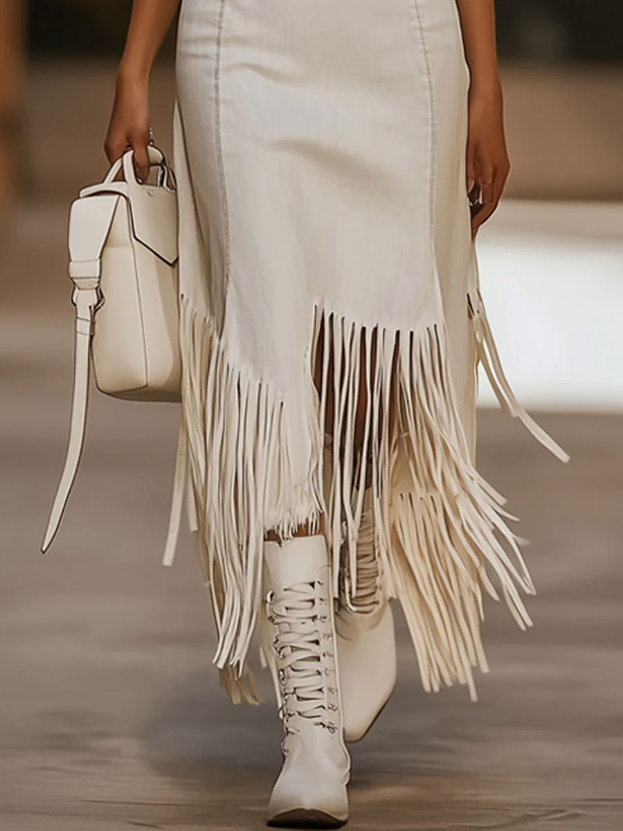 Casual Vintage Brown Embroidery White Denim Sleeveless Tassel Midi Dress