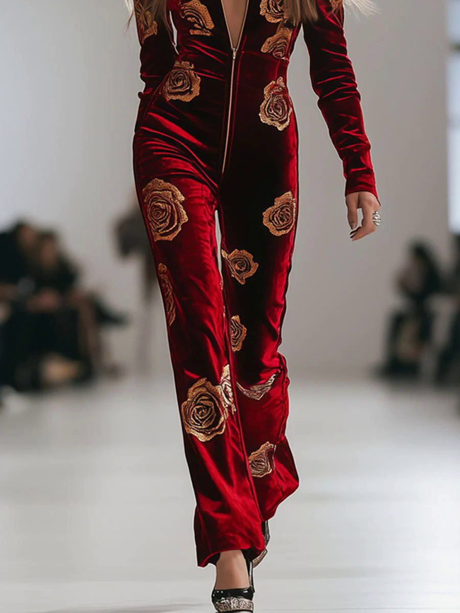 Casual Loose Retro Red Velvet Gold Rose Printed Zipper Long Sleeve Jumpsuit