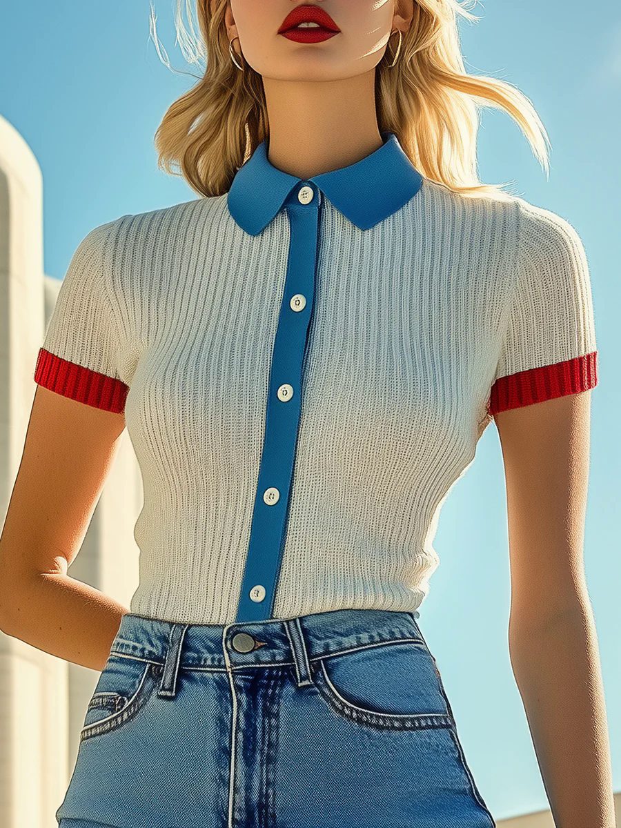 Retro Contrast Polo Collar Beige Short-sleeved Knit Top